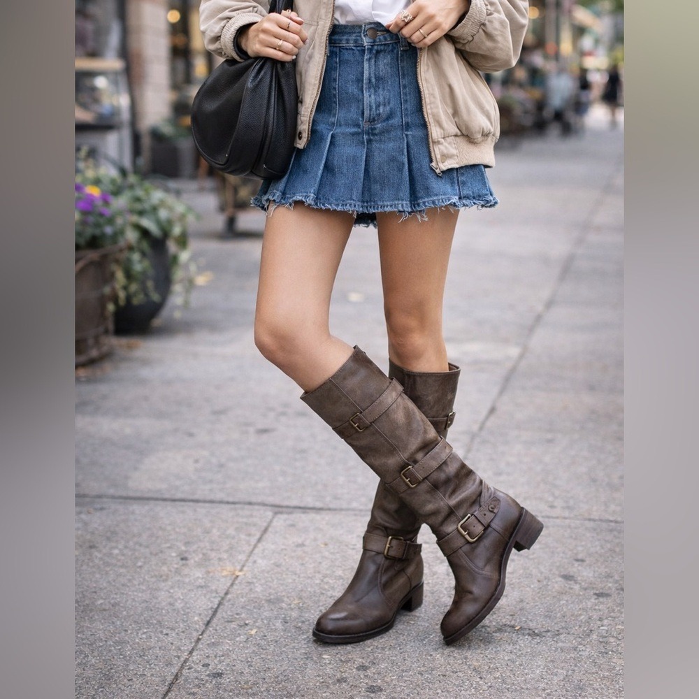 ALBERTO FERMANI Knee-High Boots Buckled Moto Sz. 38.5‎ EU 8 US Taupe Brown ITALY - Picture 15 of 15